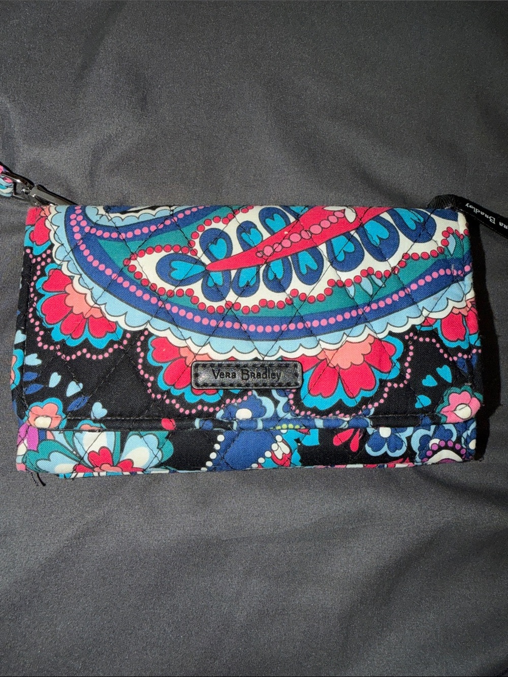 Vera Bradley Black Floral Paisley Wristlet in Blue, Pink, Teal